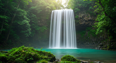 Stunning natural waterfall cascading down rocks in a lush green forest, serene landscape with flowing water, perfect for nature, travel, or adventure themes.