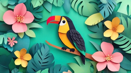 Vibrant toucan perched on branch amidst lush tropical foliage, crafted with paper art technique