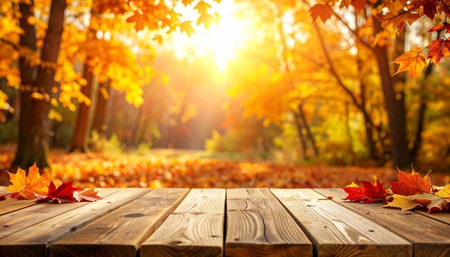 Rustic wooden table surface covered with scattered red and orange autumn leaves, with a blurred warm-toned fall forest background glowing in soft golden sunlight