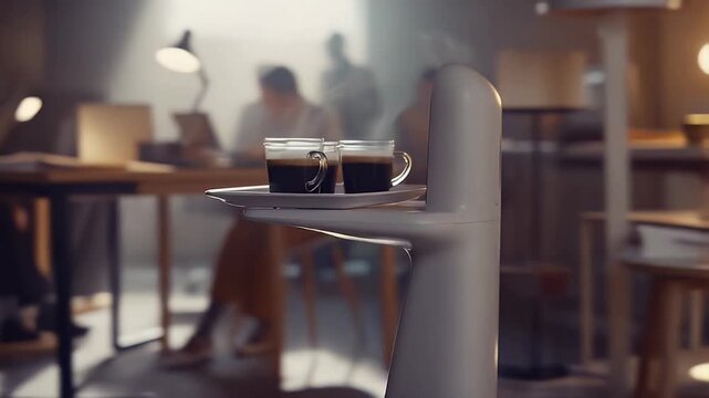 Autonomous delivery bot transporting espresso on a tray with blurred employees working in the background in modern office building