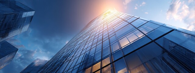 Skyscraper corporate office building with glass window, 3d rendering of modern architecture. High quality