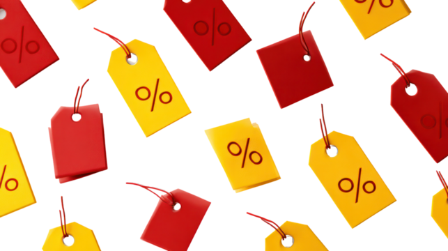 Floating Red and Yellow Price Tags with Percentage Sign on Transparent Background