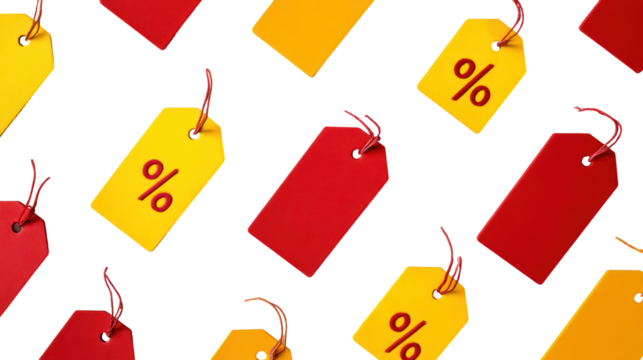 Floating Red and Yellow Price Tags with Percentage Sign on Transparent Background