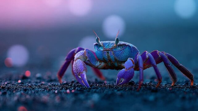 Blue Crab's Elegant Stance: A majestic blue crab with vibrant, iridescent exoskeleton, posing gracefully on a beach, demonstrating its beauty, under a gradient of light. 