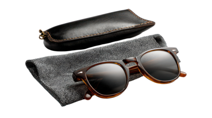 : Folded Sunglasses with Case and Cleaning Cloth Beside on Transparent Background