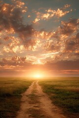 Golden sunset path across a field