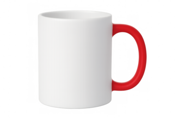 White ceramic mug with bright red handle, sitting on clean transparent surface, highlighting modern minimalist design