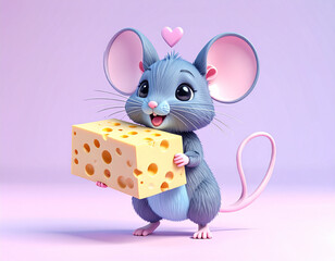 Cute Cartoon Illustration of a Hungry Mouse with a Big Chunk of Swiss Cheese 102