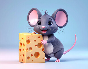 Cute Cartoon Illustration of a Hungry Mouse with a Big Chunk of Swiss Cheese 115