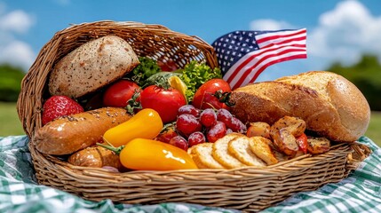 Summer Picnic Basket with Bread Fruit Vegetables and American Flag