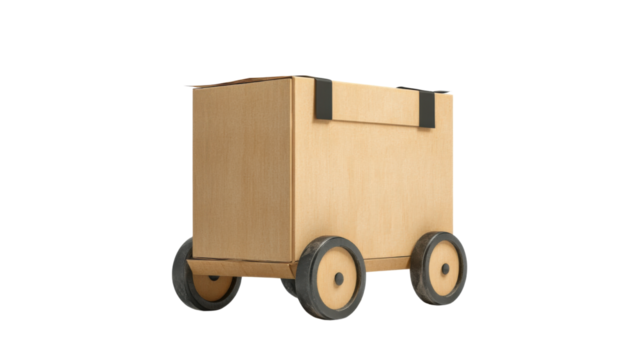cardboard box on wheels on white background 