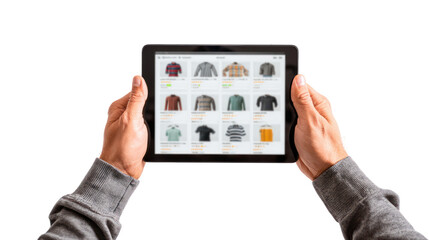  Hands Holding a Tablet with E-Commerce Product Listings on Transparent Background