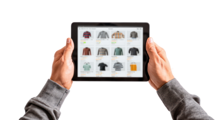  Hands Holding a Tablet with E-Commerce Product Listings on Transparent Background