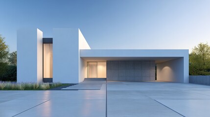Modern house, Minimal architecture with empty wall and concrete garage driveway, 3d rendering of luxury property building. High quality