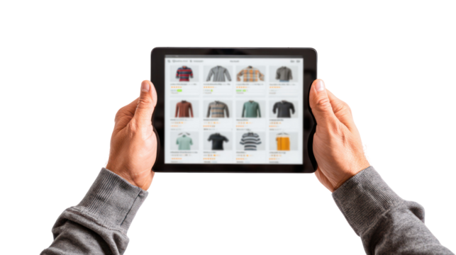  Hands Holding a Tablet with E-Commerce Product Listings on Transparent Background