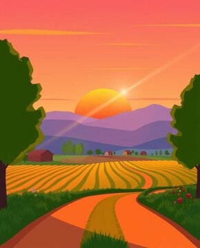 A modern flat design illustration of a sunset over farmland, using simple two-dimensional shapes, vibrant colors, and bright lens flares.