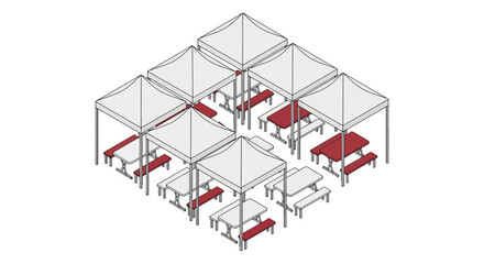 Outdoor event setup with tents and picnic tables