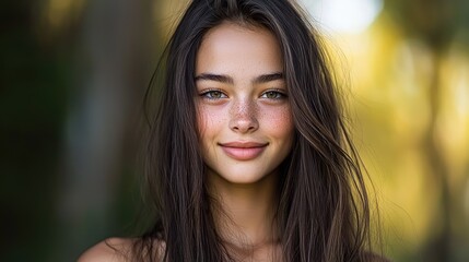 Fototapeta premium Close-up portrait of a young woman smiling outdoors.