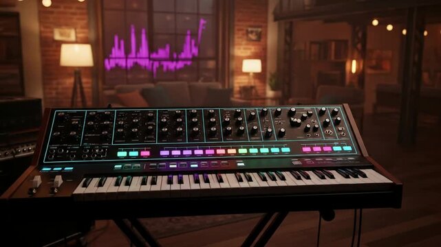 Vintage synthesizer setup creating ambient electronic music in a stylish loft studio with warm lighting