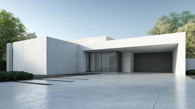 Modern house, Minimal architecture with empty wall and concrete garage driveway, 3d rendering of luxury property building. High quality
