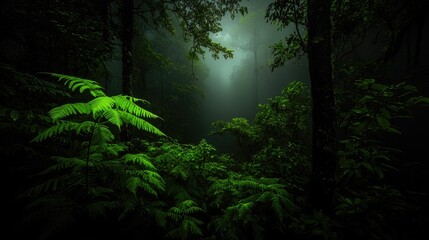 Obraz premium Lush, verdant foliage in a misty, dark forest.