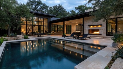 Fototapeta premium Modern, luxurious home exterior with pool and patio at twilight.
