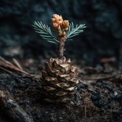 A vibrant fir seedling growing from an old pine cone.