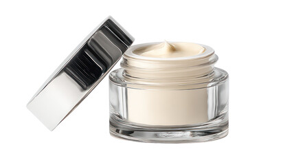  Isolated Cosmetic Jar with Opened Lid and Visible Cream on Transparent Background