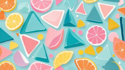 Fototapeta premium Cheerful Citrus Fruits and Geometric Shapes Pattern on Light Blue Background