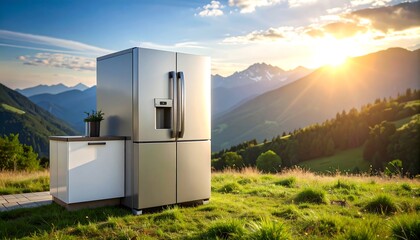 Modern fridge on alpine meadow