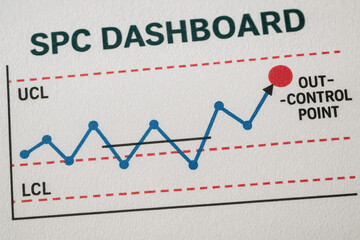 Statistical process control dashboard highlights out of control point in manufacturing processes ensuring quality control in production