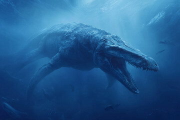 Fototapeta premium Giant Sea Monster lurking underwater with open jaws and prehistoric terror emerging from the deep ocean abyss