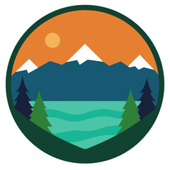 Circular mountain lake landscape with sun and trees