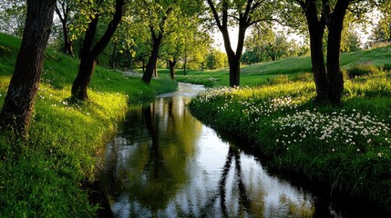Serene, sunlit stream winding through lush green trees and meadows.