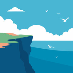 Seagulls fly over a cliff overlooking the ocean on a cloudy day