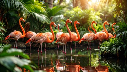 Flamingos in a lush tropical environment