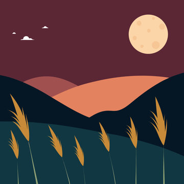 Serene moonlit landscape with reeds and rolling hills