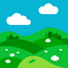 Stylized green rolling hills with sheep and clouds