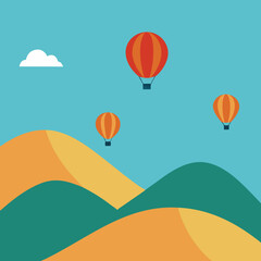 Fototapeta premium Hot air balloons ascend over rolling hills under a blue sky