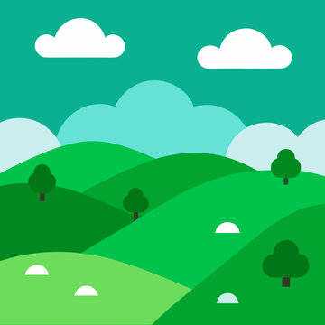 Flat design rolling hills with trees and clouds