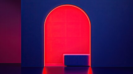 A vibrant, arched doorway, bathed in neon red light.