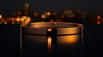 Elegant, glowing, metallic band displayed against a city night background.