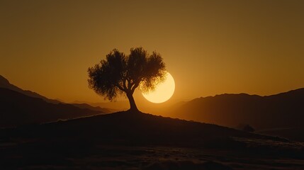 Silhouette of a solitary tree on a hilltop at golden sunset.