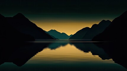 Dark silhouette peaks mirrored in tranquil waters.