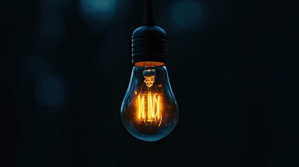 A single incandescent light bulb glows warmly in the dark.