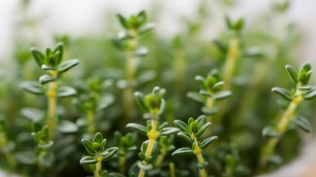 Fresh green thyme plant close-up, aromatic herb and healthy food ingredient.