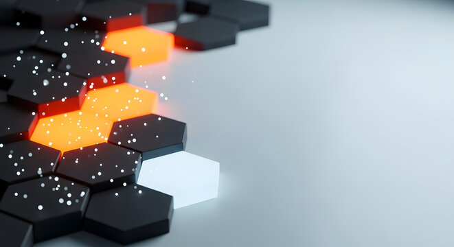Abstract hexagon pattern with glowing orange and white sections - Powered by Adobe