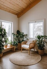 Cozy corner with plants and wicker chair