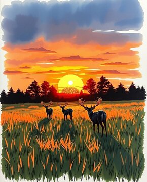A dramatic, cinematic-style hand-drawn color sketchnote depicting a sunset behind deer grazing in a meadow, characterized by a film-like composition and lighting.