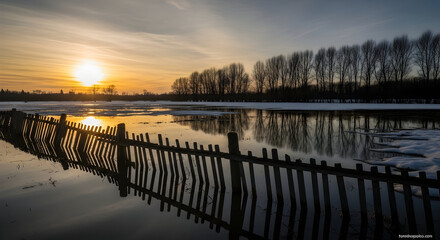 Dramatic Sunset Reflection on a Flooded Winter Landscape with Silhouetted Fence